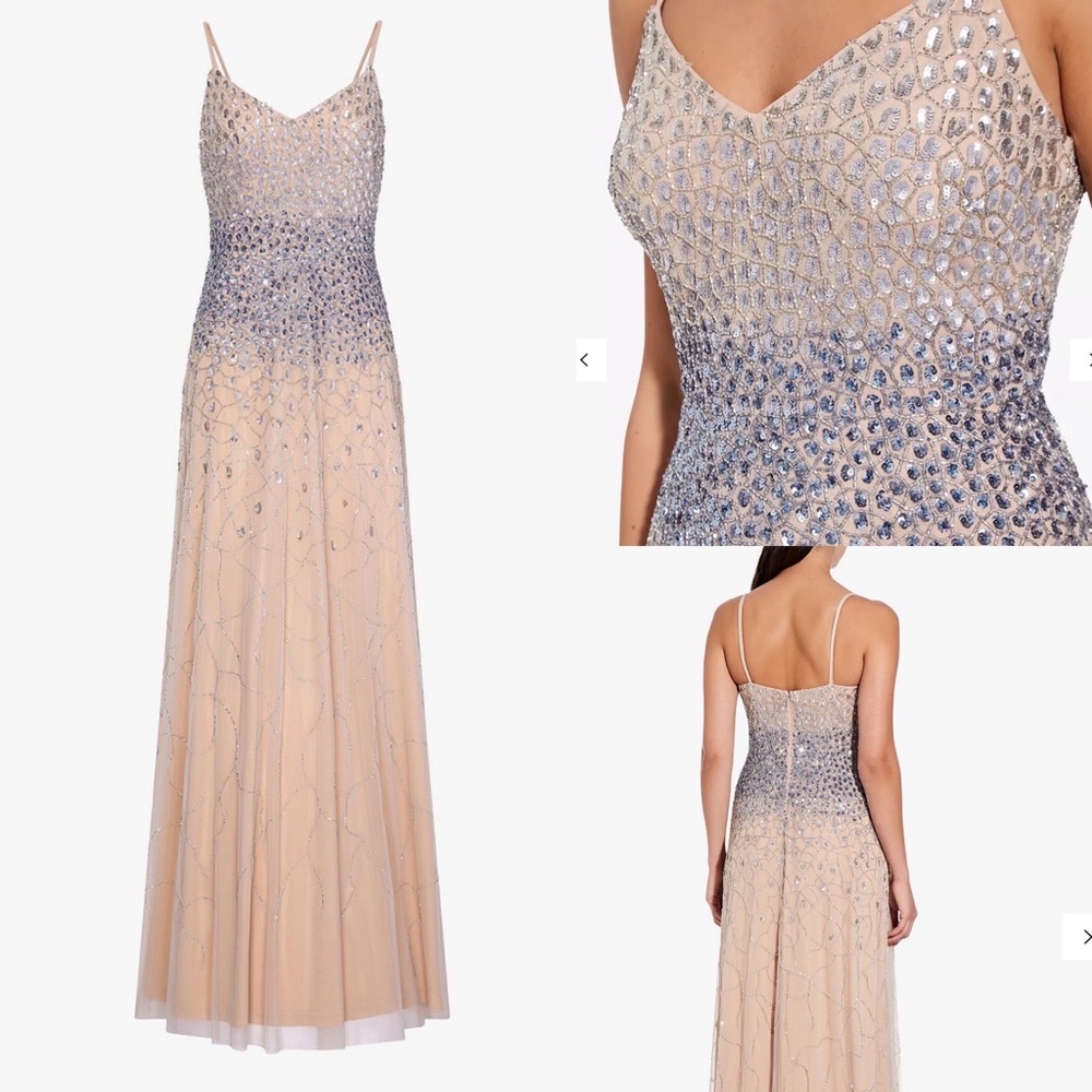 Adrianna Papell nude silver beaded gown NWT 4